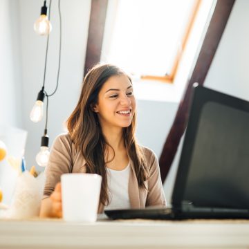 Business woman working from home on laptop computer.Checking email.Working from distance.Online business career.Writer editor.Quarantined office employee using laptop.Freelance worker.Home office